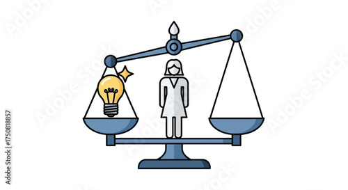 Balance scale with lightbulb and woman representing idea and person.