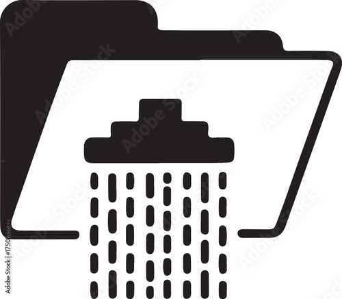 File Download Icon with Black Folder and Flowing Data Stream - Cloud Computing, Data Transfer, Syncing, and Document Management Vector