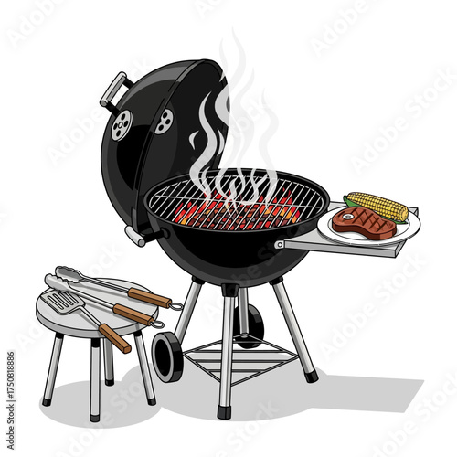 Barbecue grill with steaks and corn on the cob.