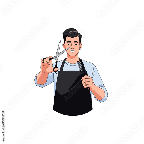 Barber holding scissors and comb ready to cut hair.
