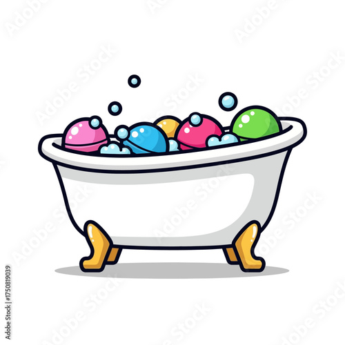 Bathtub with colorful bath bombs and bubbles.