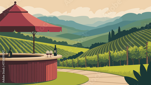 A vineyard scene featuring a wine bar with bottles and glasses under a canopy with rolling hills view