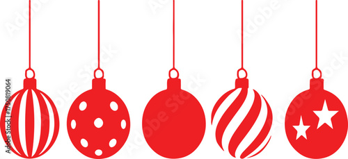 Five Red Christmas Ornaments with Different Patterns Hanging bauble