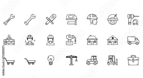 Construction and building industry icons isolated on transparent background