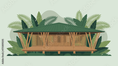 A cartoon illustration of a bamboo hut with a green roof surrounded by tropical foliage and vegetation