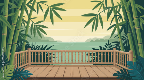 View from a wooden deck with bamboo trees overlooking a calm lake and distant mountains scenery art