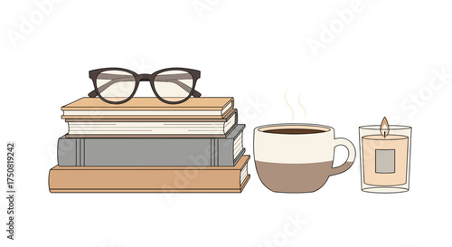 Still life with books glasses coffee and candle illustration