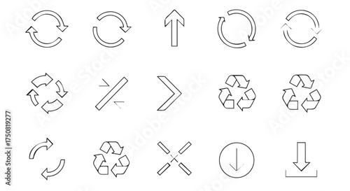 Collection of various arrow and recycling symbols isolated on transparent background
