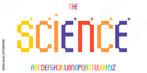 Kid Science educational font, STEM colorful alphabet for scientific headline, funny scientific game and lessons book typographic design. Modern vector typeset
