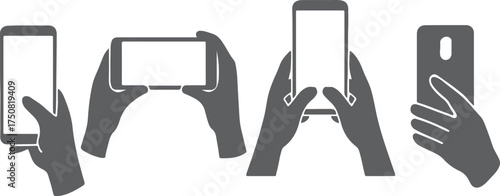 Four hands holding smartphones in various orientations mobile phone device