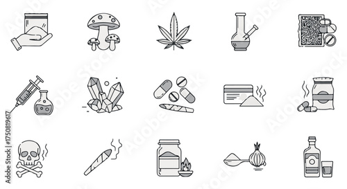Collection of icons related to drugs and substance abuse, isolated on transparent background