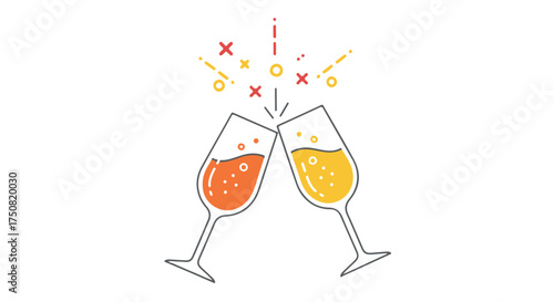 Two glasses of champagne clinking together with celebratory sparks isolated on transparent background