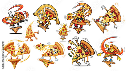 Cartoon pizza slices surfing with cheesy smiles bring a fun, playful vibe to your project, perfect for food blogs, pizzeria ads, or kid-friendly designs
