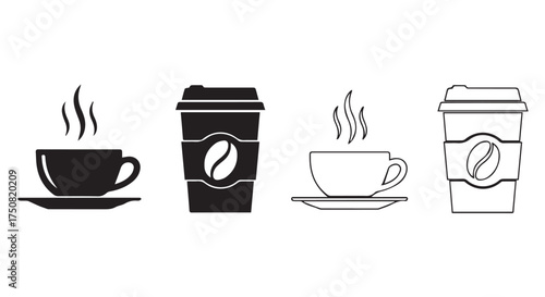 Collection of coffee cup and takeaway coffee cup icons isolated on transparent background