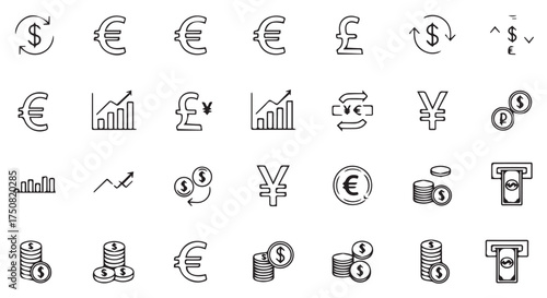 Assortment of financial icons including currency symbols and graphs isolated on transparent background