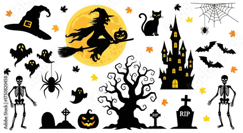 A diverse set of classic Halloween silhouette icons, including a witch, haunted castle, and spooky skeletons for holiday designs