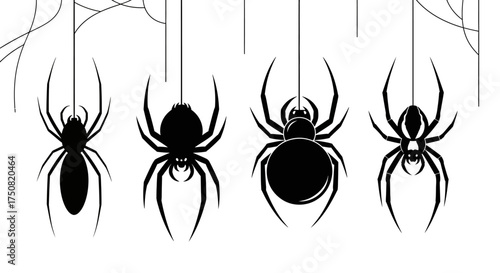 Vector set of black hanging spider silhouettes, a collection of spooky arachnids for Halloween design