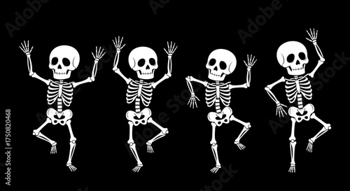A spooky yet playful illustration featuring a group of four cartoon skeletons engaged in a lively dance, ideal for Halloween celebrations and party themes