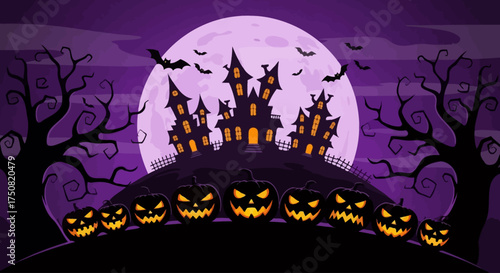 Scary Halloween background with a haunted house silhouette on a hill, spooky trees, flying bats, and carved pumpkins under a big purple moon