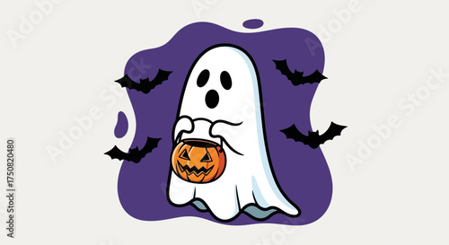 Playful cartoon ghost character holding a jack-o'-lantern bucket for trick-or-treating on Halloween, surrounded by spooky bats in a vector illustration