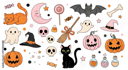 Collection of hand-drawn cute Halloween doodle icons. Set of spooky elements including pumpkin, ghost, black cat, and witch symbols