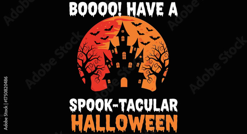 Eerie haunted mansion on a chilling Halloween night with a blood-orange moon and frightening bats flying in a dark sky vector design