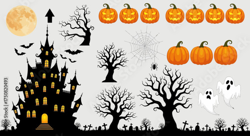 A collection of spooky Halloween vector illustrations featuring a haunted castle, jack-o'-lanterns, ghosts, and eerie trees for holiday design
