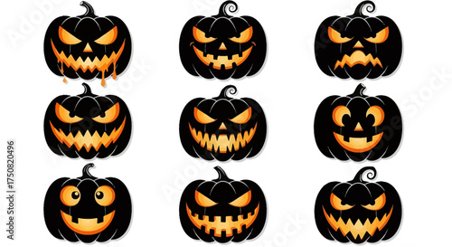 Set of nine spooky Halloween Jack-o'-lanterns with various scary glowing faces. Vector illustration collection for holiday design