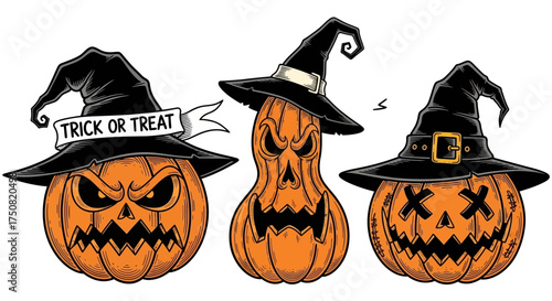 A spooky trio of illustrated Halloween jack-o'-lantern characters, each with a unique evil face and wearing a witch hat