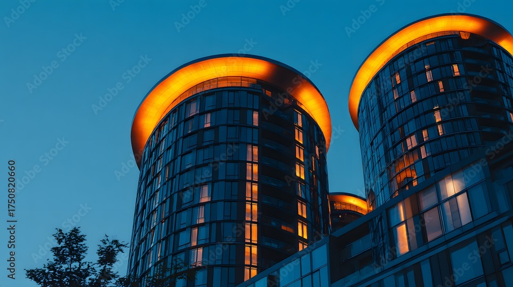 Obraz premium Modern glass towers illuminated at dusk against a clear blue sky.