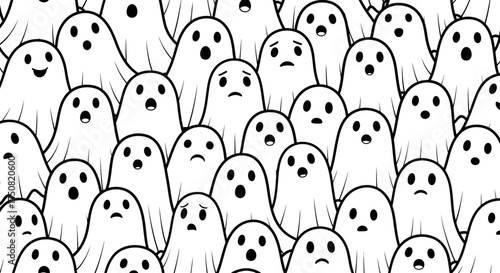 A whimsical black and white illustration of a crowded sea of cute cartoon ghosts with various expressions, creating a spooky Halloween pattern