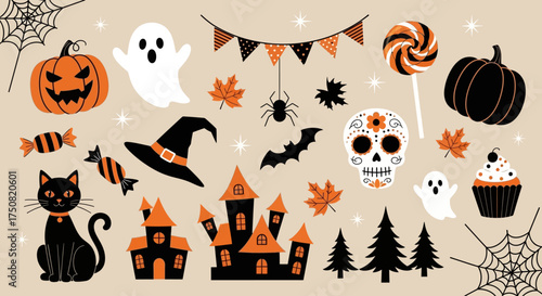 A festive collection of cute Halloween illustrations and graphic elements including a jack-o'-lantern, ghost, black cat, and spooky castle