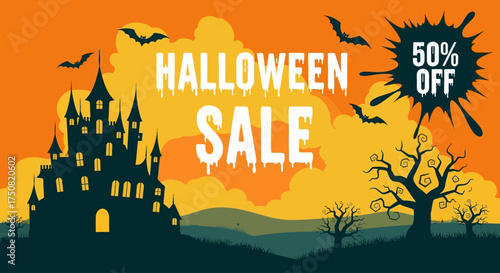 Spooky Halloween background illustration featuring a haunted castle silhouette, flying bats, and barren trees under an orange sky, perfect for seasonal sales promotions