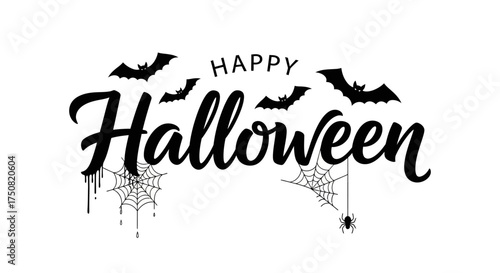 Happy Halloween calligraphic lettering with spooky bats and dripping spiderwebs. A vector greeting card design for the holiday celebration