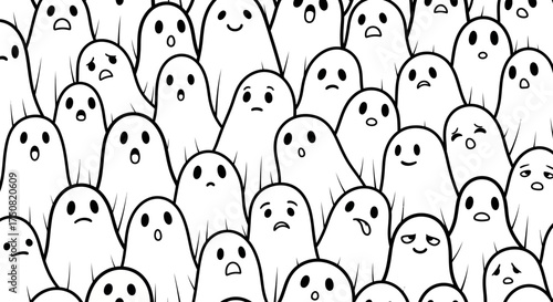 A seamless pattern of cute cartoon ghosts with various emotional expressions, a whimsical black and white digital art doodle for Halloween