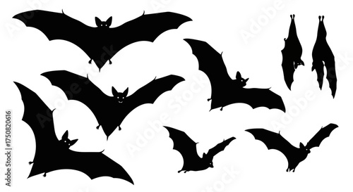 A spooky set of black bat silhouettes showcasing various flying and hanging poses, perfect for Halloween vector illustrations