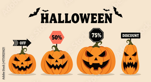 A collection of scary carved pumpkins with sale signs, advertising special offers and discounts for an autumn holiday shopping promotion