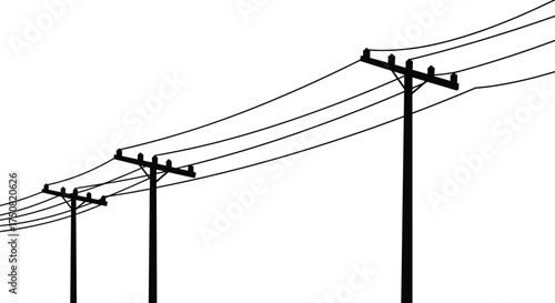 Electric power poles and transmission lines silhouette vector illustration showing energy supply network and electrical distribution infrastructure design for industry