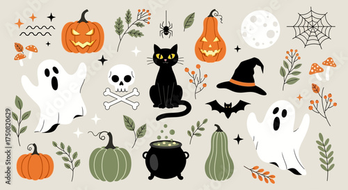 A charming and spooky collection of illustrated Halloween icons, featuring ghosts, pumpkins, and a black cat for festive designs