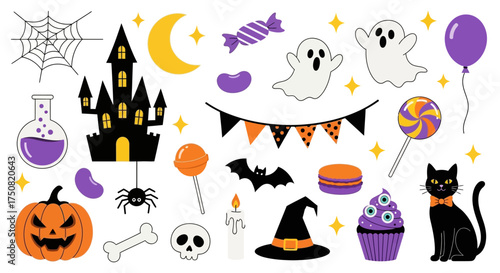 A festive collection of cute cartoon Halloween icons featuring a spooky castle, pumpkin, ghosts, and a black cat for holiday decorations