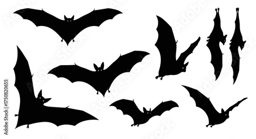 A collection of black bat silhouettes in various flying and hanging poses, ideal for Halloween designs and spooky graphic projects