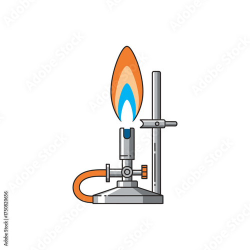 Bunsen burner with blue and orange flame in a laboratory setting.