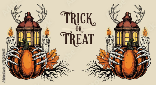 A spooky autumn composition for Halloween featuring skeleton hands holding festive pumpkins with antlered lanterns and candles