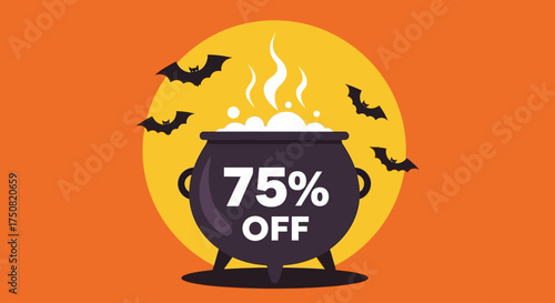 Celebrate the spooky season with a magical 75 percent off deal. A witch's cauldron bubbles with a discount potion under a yellow moon with bats