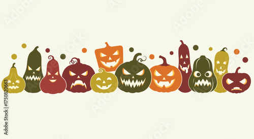A festive collection of various Halloween jack-o'-lanterns. Spooky and funny carved pumpkin characters arranged in a decorative row