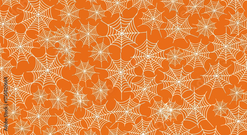 A festive seamless pattern of intricate white spiderwebs scattered across a vibrant orange background, perfect for spooky Halloween designs and decorations