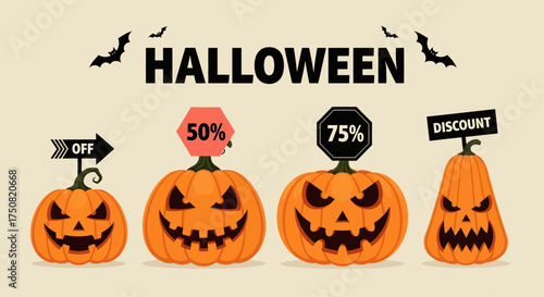 Vector illustration of grinning jack-o'-lanterns offering promotional discounts for a special Halloween seasonal sale