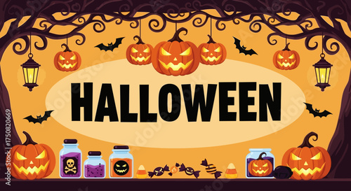 A spooky and festive Halloween night illustration with glowing jack-o'-lanterns, flying bats, and eerie trees for a holiday banner