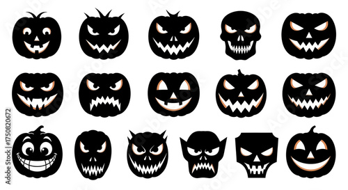 Spooky Halloween pumpkin carving faces silhouette set. Collection of various scary, evil, and funny Jack-o'-lantern vector icons