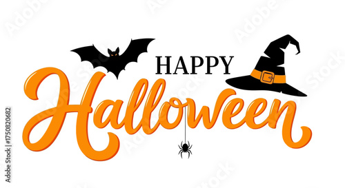 Happy Halloween greeting with festive orange calligraphy, a witch hat, bat, and spider illustration